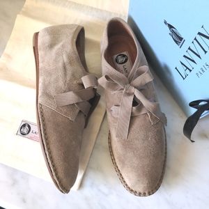 NIB Lanvin Derby Beige Suede Leather Lace Up Shoes Sneakers Loafers Moccasins